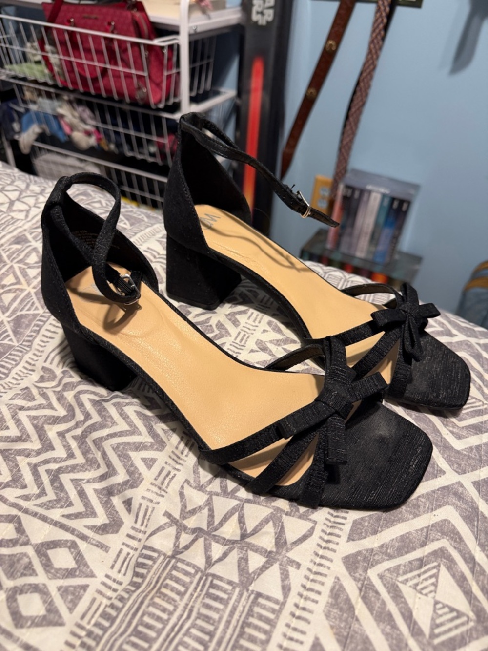 Women's Black Ankle-Strap Block Heels with Bow Accent